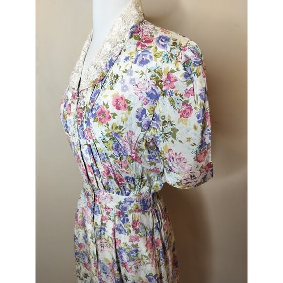 Vintage Karin Stevens Floral Button Up Midi Dress Lace Collar - Picture 10 of 15